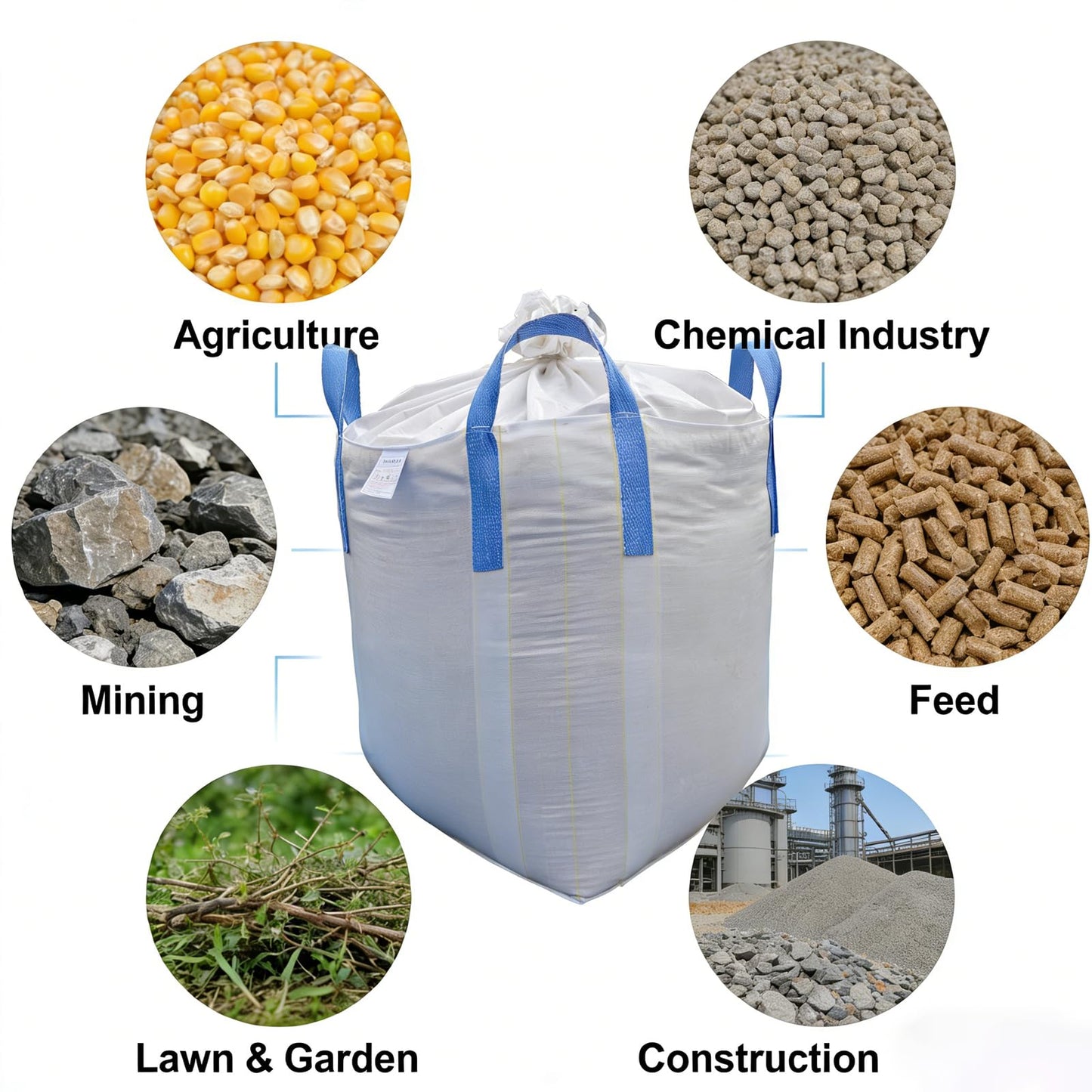 FIBC Bulk Bags 35x35x43 Inch, 2200 lbs. Capacity, 10 Pack, Double Warp Woven Polypropylene, Heavy Duty Ton Bags with Duffel Top & Flat Bottom, UV Resistant 4 Loops for Gravel, Grain, etc