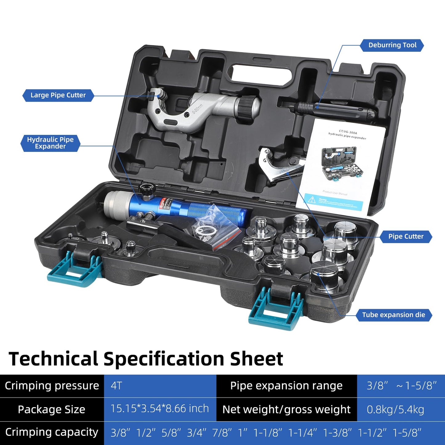 Nuiu VG-300A Hydraulic Pipe Expander Tool Kit, 4T Crimping Pressure with 11 Expansion Dies (3/8" to 1-5/8"), Aluminum Alloy Body for Plumbing, HVAC Copper Tube Fitting