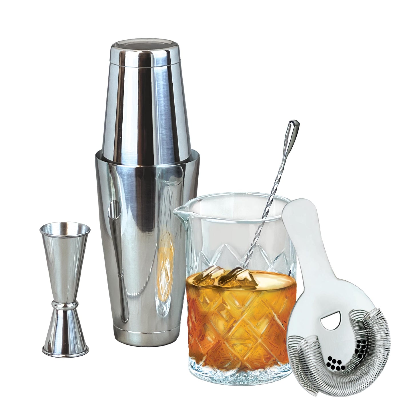 Lily's Home 6-Piece Boston Cocktail Shaker Set: Boston Shaker Cocktail Set,Mixing Glass, Mixing Spoon,Dual Sided Jigger and Stainer,for Home Mixology,Cocktail Lovers & Beginner