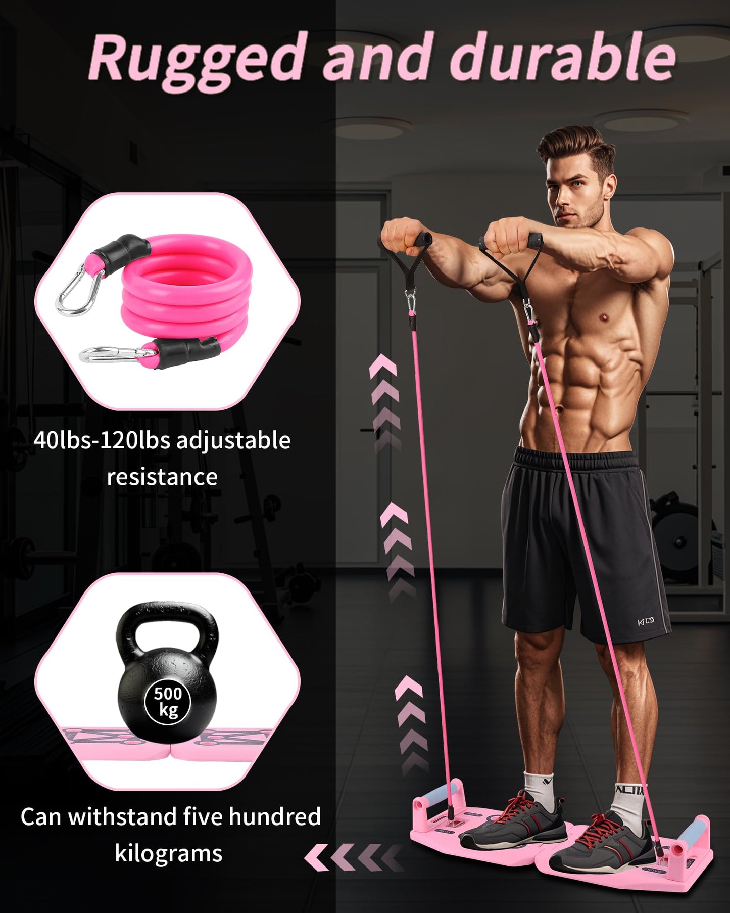 LAKXSF Work out Push up Board for Home Gym, Pilates Workout Exercise Resistance Band Set with Handles, Pushup Board Gift for Men and Women, Essential Shoulder Strength Training Goods Equipment Kit