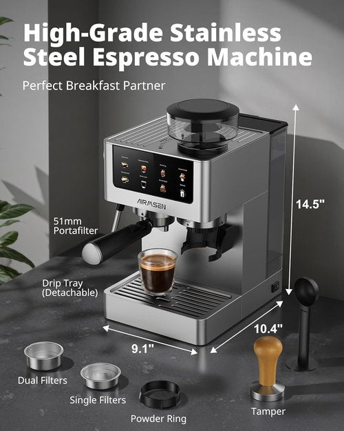 AIRMSEN Espresso Machine - 20 Bar Coffee Maker with Burr Grinder & Milk Frother | Stainless Steel for Home Use