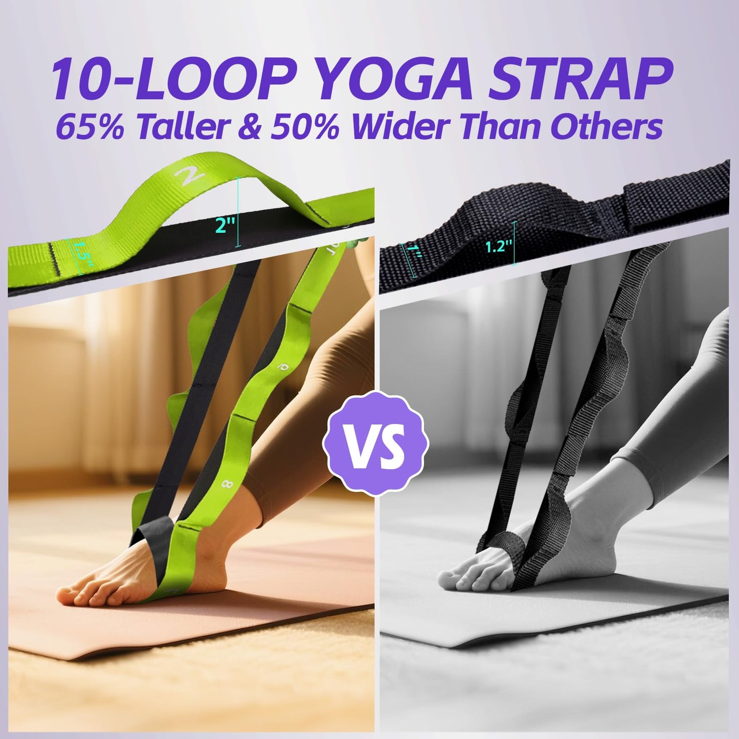 Non Elastic Stretching Strap with Loops - Yoga Straps for Physical Therapy, Durable Stretch Bands for Exercise, Flexibility Training, Hamstring & Leg Stretcher, Yoga/Pilates/Gymnastics - Green