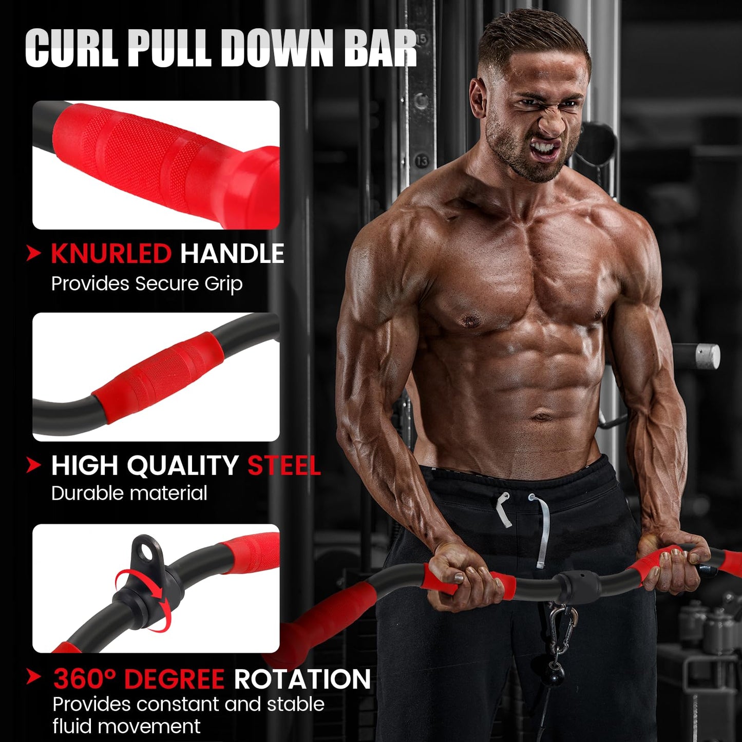 E.T.ENERGIC 31.1" Curl LAT Pull Down Bar with PU Grip, Environmentally Odorless, Lat Pulldown Attachments 360° Rotating Cable Machine Attachment Tricep Pull Down Attachment for Home Gym