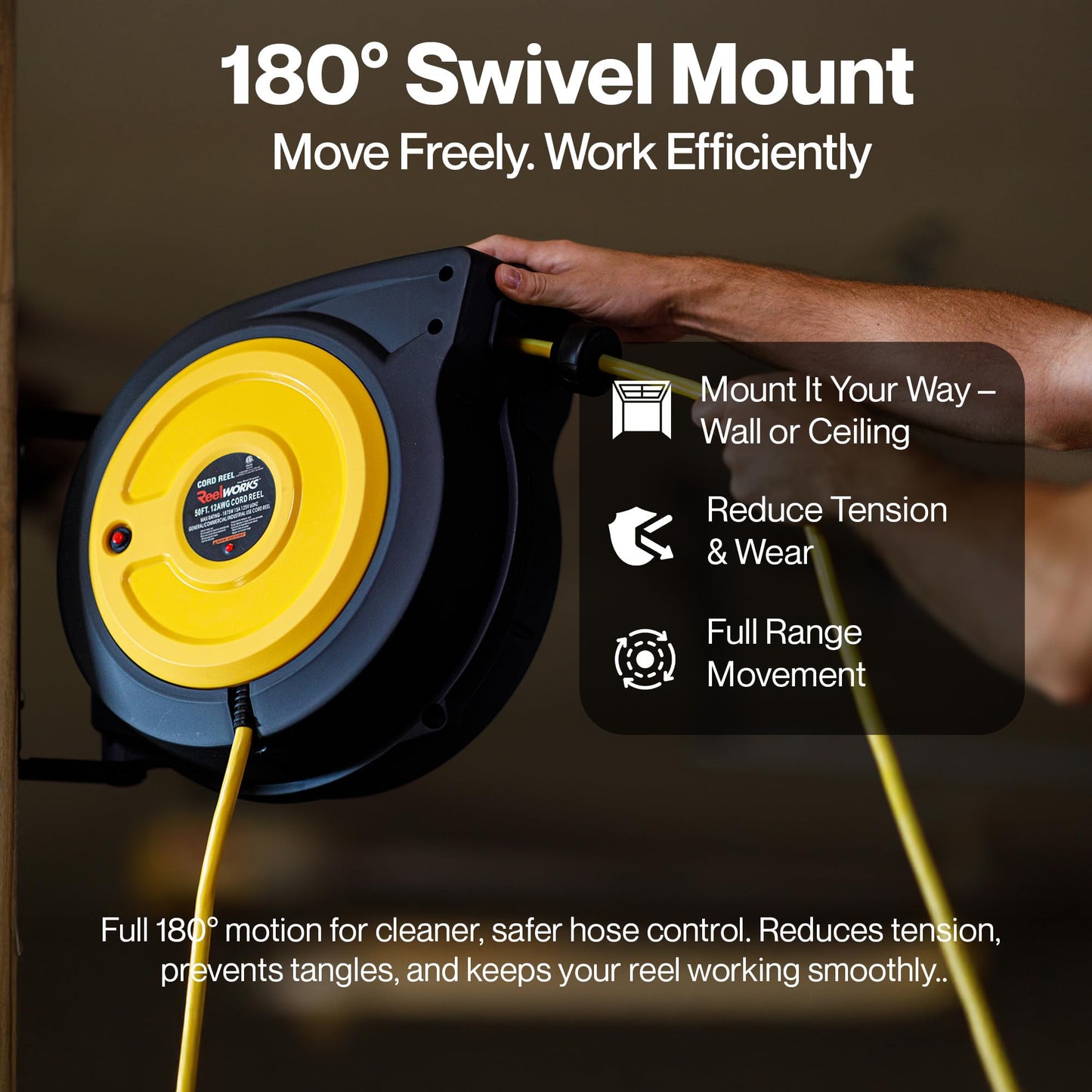 ReelWorks Extension Cord Reel Retractable 12AWG x 50' Foot 3C/SJTOW Glow Strip Cable and Lightup Triple Tap Connector Advanced Slow Retraction Technology (SRT)