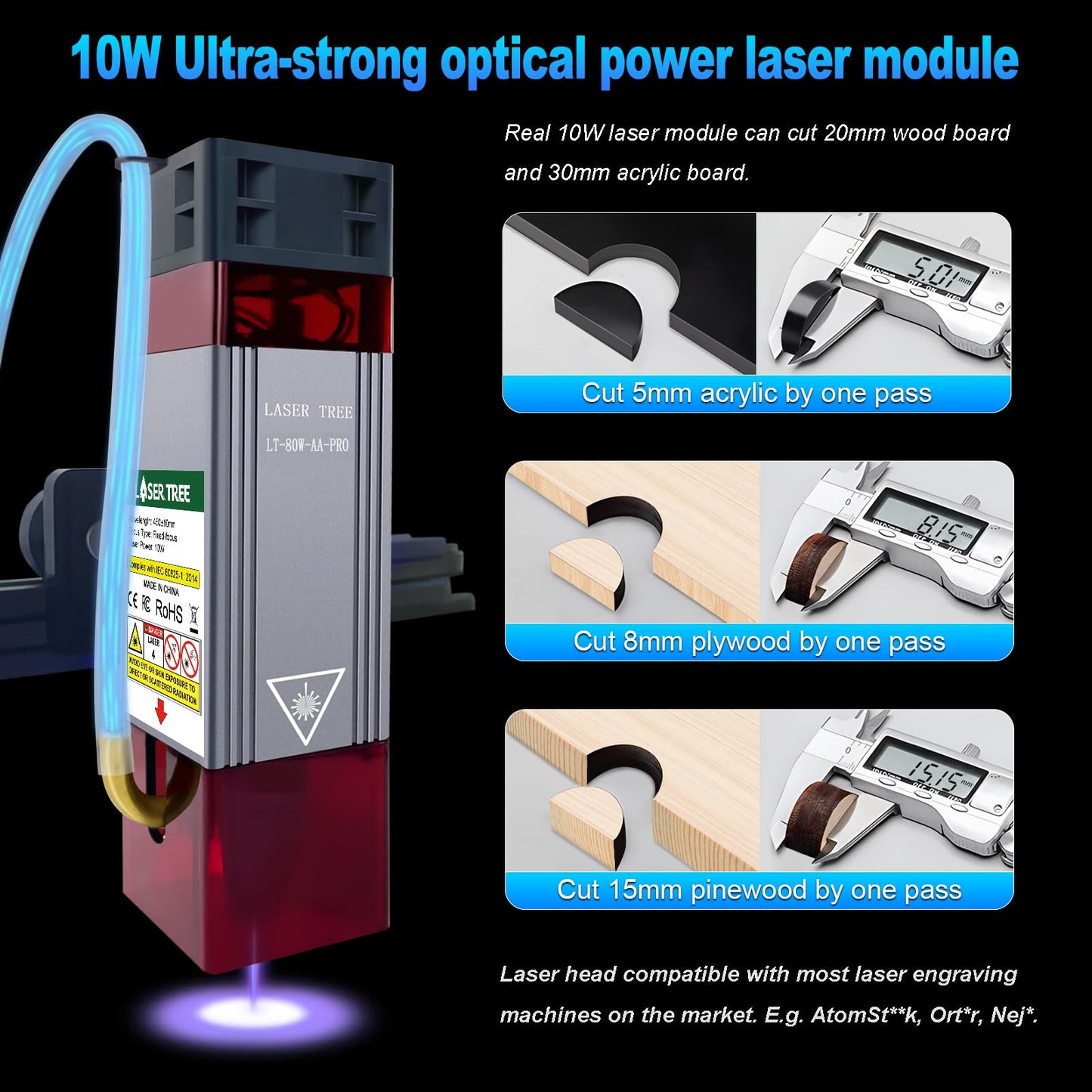 LASER TREE Laser Engraving Module, 10000mW(10W) Output Module with Air Assist System, Built-in FAC, Compressed Spot CNC Carving DIY Laser Master for Laser Cutter Engraving Machine Class 4, 12V