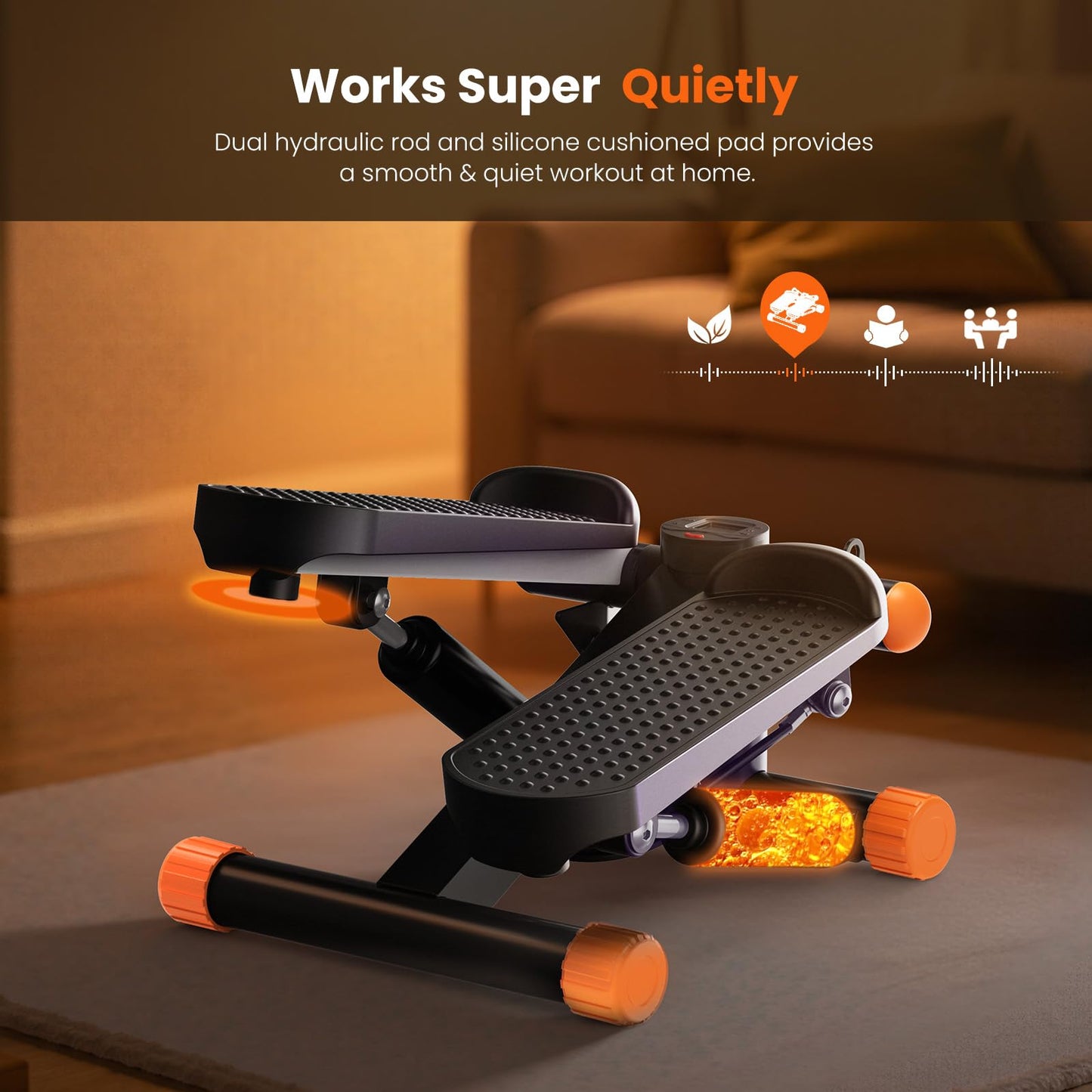 Sweetcrispy Mini Stair Stepper with Resistance Bands, Hydraulic Home Stepper Machine, 300 LBS Weight Capacity, Compact Cardio Equipment with LCD Monitor, No Assembly Required, Black&Orange