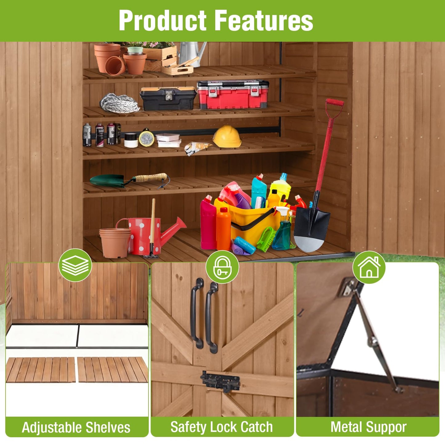Joyqinchen Outdoor Storage Shed with Strong Metal Frame, Wooden Garden Sheds with Adjustable Shelves and Removable Floor, Weatherproof Outdoor Trash Can Shed, Horizontal Storage Cabinet for Patio