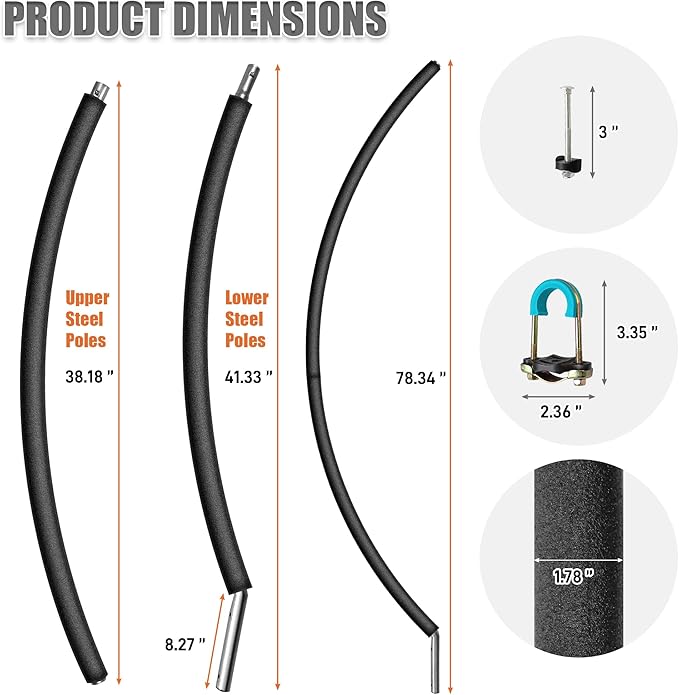 6PCS Trampoline Replacement Curved Pole, Universal Trampoline Enclosure Pole Fits for 8-16FT Curved Pole Trampoline Frame, Replacement Poles Include Foam Sleeve & Hardware for 2 Installation Ways