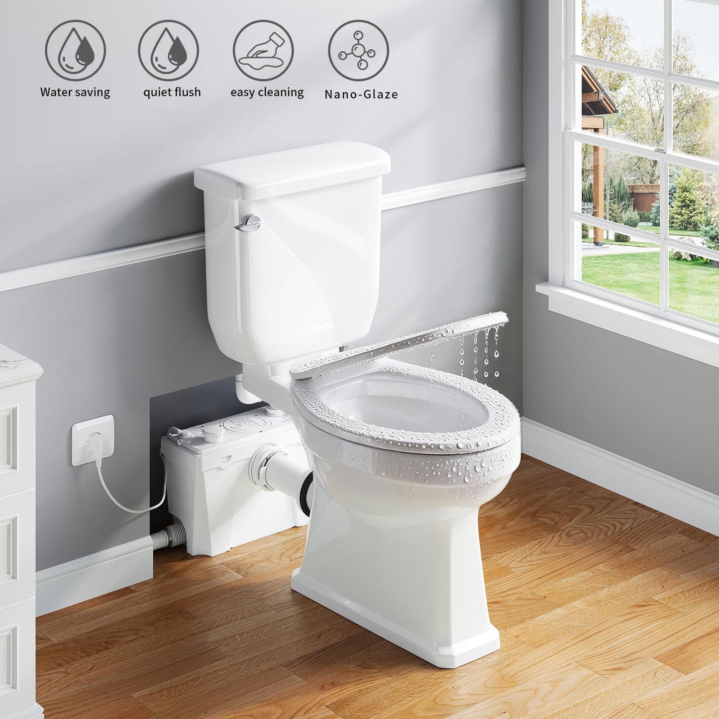 Macerating Toilet with Pump, Two-Piece Upflush Toilet For Basement, Powerful & Quiet Macerating Pump System With 4 Water Inlet, 23Ft Vertically, Elongated Bowl