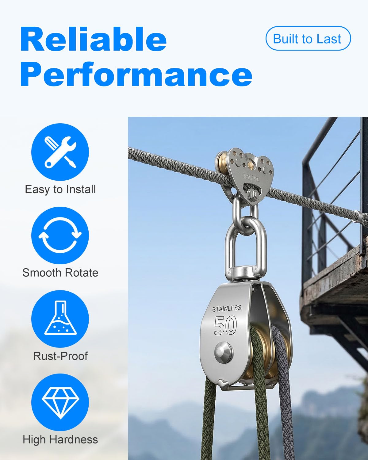 Rocaris 4 Pcs M50 Lifting Double Pulley Block 304 Stainless Steel Crane Swivel Hook Double Pulley Roller Loading