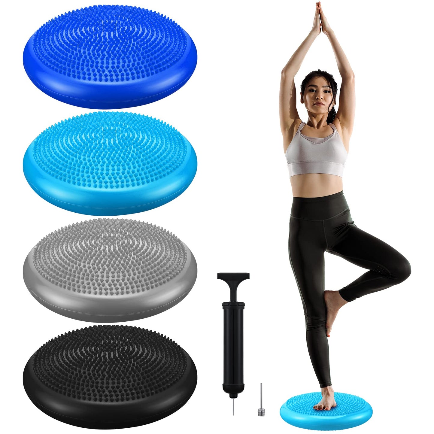 Sotiff 4 Pcs Inflated Wobble Cushion Flexible Wiggle Seat 14” L x 3.2” H Stability Balance Disc with Pump for Sensory Adult Physical Exercise Equipment(Black, Gray, Dark Blue, Light Blue)