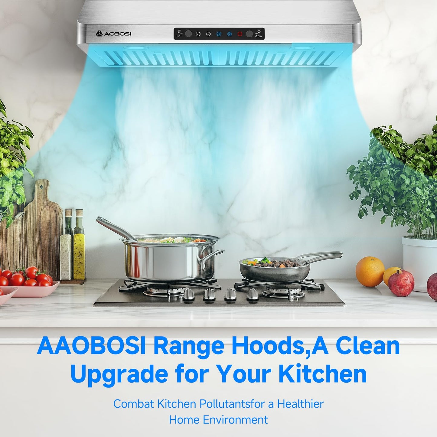 AAOBOSI 30 Inch Under Cabinet Range Hood, 800 CFM Stainless Steel Kitchen Vent Hood with Gesture Sensing, Touch Control, 3-Speed Exhaust Fan, LED Lights, Ducted Range Hood
