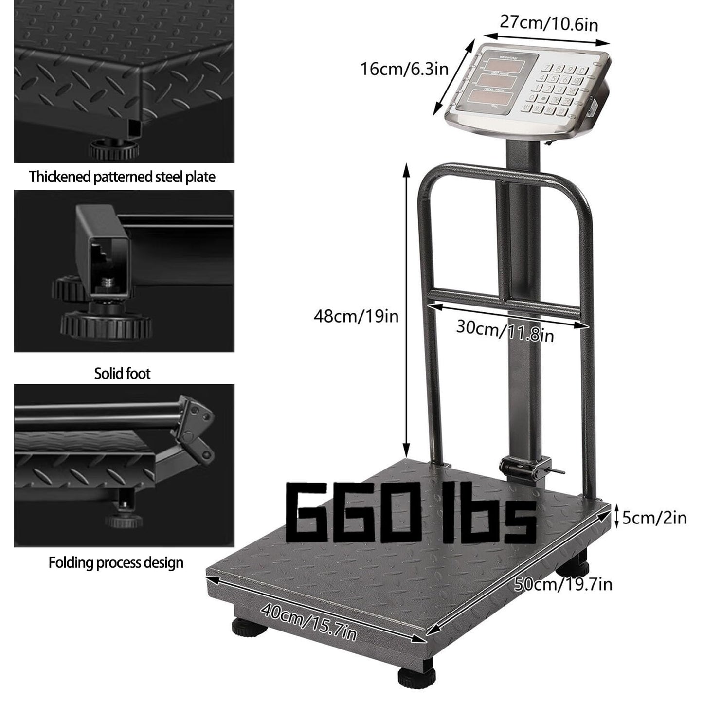 CXWAWSZ 660lb Industrial Platform Scale with Removable Guardrail, Foldable Digital Shipping Scale, Double-Sided HD Display, Accurate LB/KG Postal Scale for Luggage, Package, Warehouse