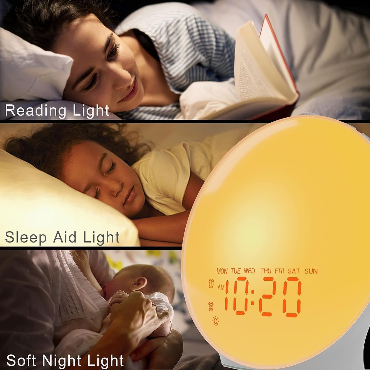 17 5W 25 Wake Up Light Sunrise Alarm Clock for Bedroom, Nightlights, Sound Machine with Bluetooth Speaker, Soothing