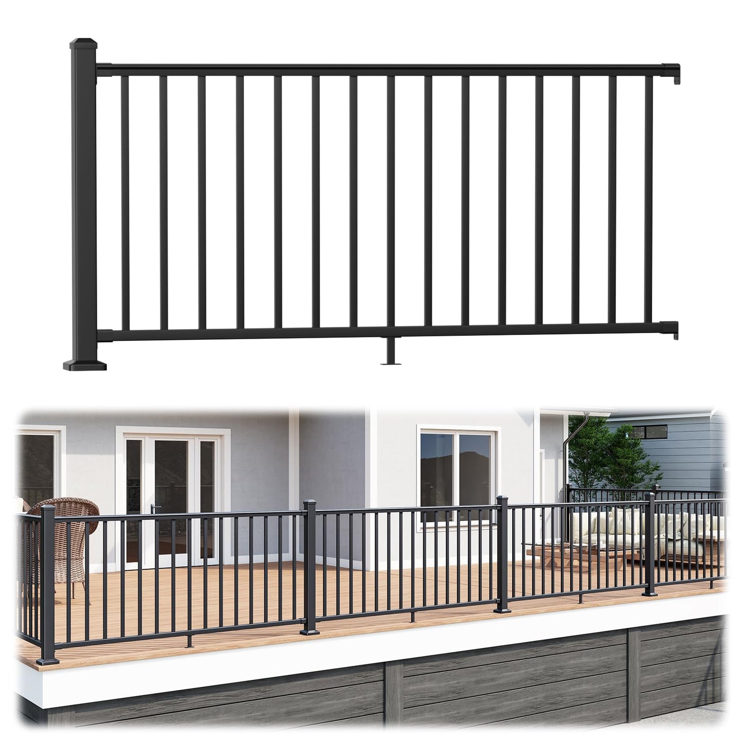 CKE 36 in. H x 6 ft. W Porch and Deck Railing Kit with Post, Aluminum Railing Kit, AAMA 2604 Black Textured Powder-Coat Finish Railing System for Outdoor Decks, Porches & Balconies(1 Post, 1 Panel)