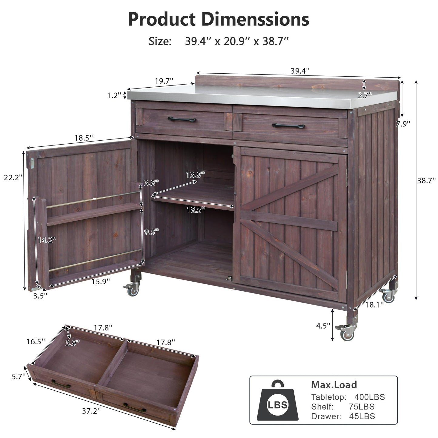 Merax Farmhouse 39.4" Grill Cart with Drawer, Storage Cabinet and Stainless Steel Top, Outdoor Grill Station w/Internal Racks & Lockable Wheels, Modular Kitchen Island for Food Prep & BBQ, Dark Brown