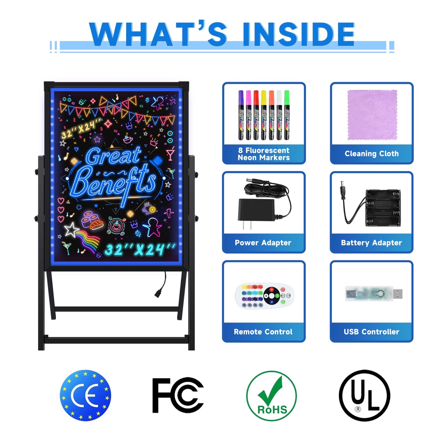 Hosim Standing A-Frame LED Message Writing Board, 32”x 24" Illuminated Erasable Neon Restaurant Menu Sign Board with 8 Colors Markers & 16 Lighting Colors DIY Chalkboard Light Up Sign
