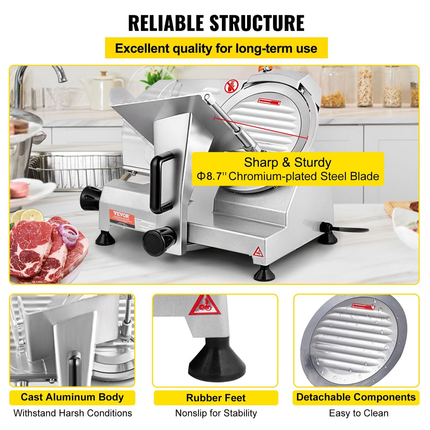 VEVOR Commercial Meat Slicer, 200W Electric Deli Food Slicer, 0-12mm Adjustable Thickness Electric Meat Slicer, 350-400RPM Slicer with 8.7'' Chromium-plated Steel Blade for Home & Commercial Use