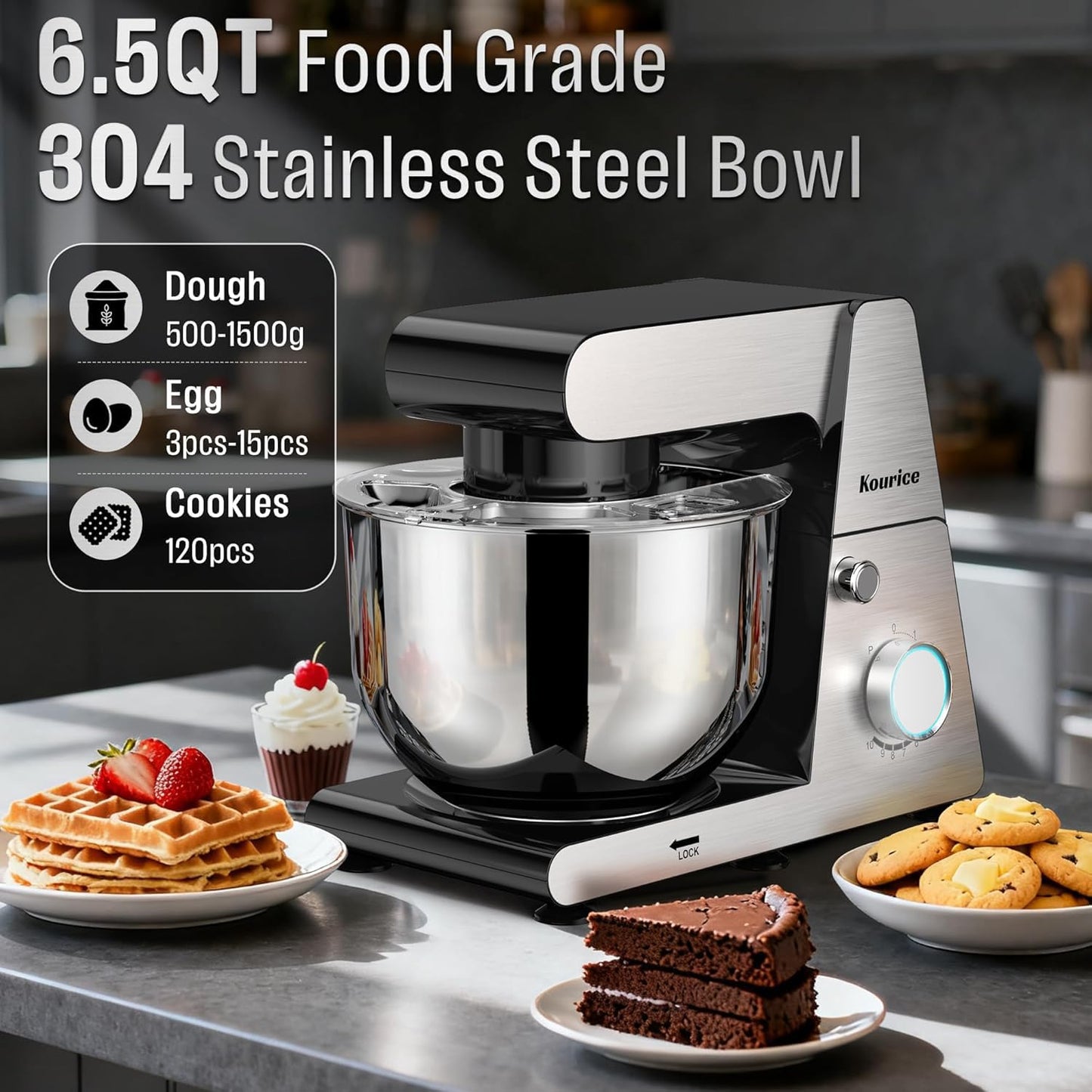 Kourice 6.5QT Tilt-Head Stand Mixer, Heavy Duty Pro 10-Speed Electric Mixer, Stainless Steel Cladding & Bowl with Dough Hook, Wire Whisk and Flat Beater for Home Baking, Bread, Cake, Pizza Dough