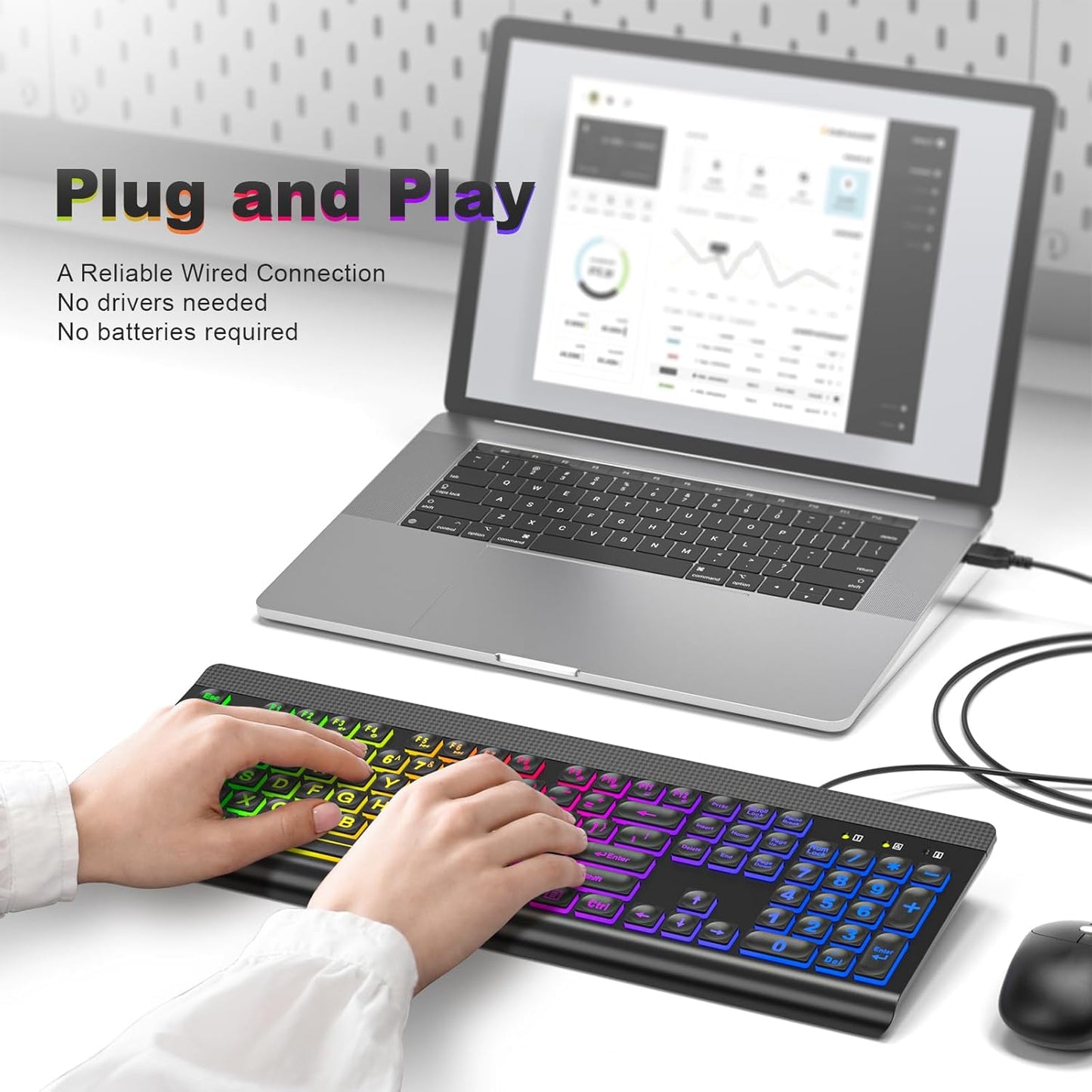 Atelus Large Print Backlit Keyboard, USB Wired Computer Keyboard, Full Size Keyboard with Rainbow Illuminated LED