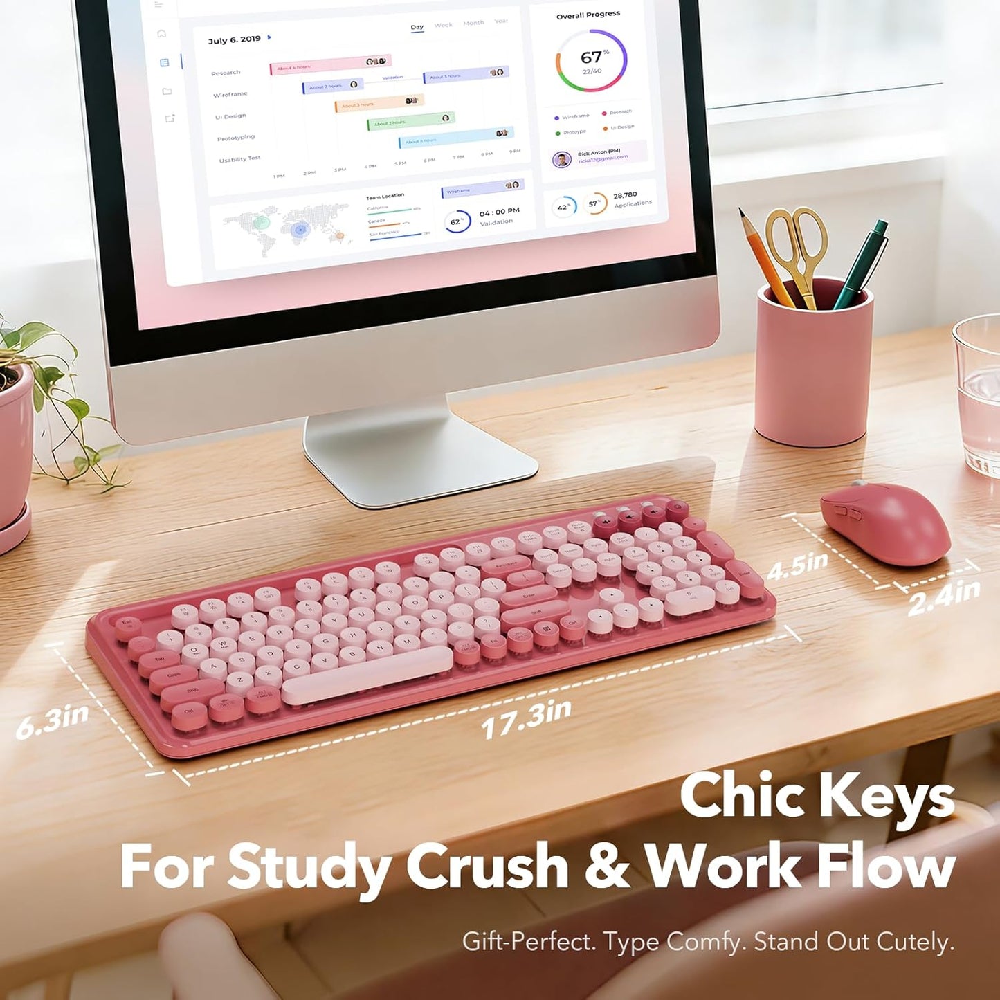 Trueque 3-Level 2.4GHz CK13, Wireless Keyboard and Mouse Combo, Cute Full-Size Typewriter-Style Keyboard, Retro Round