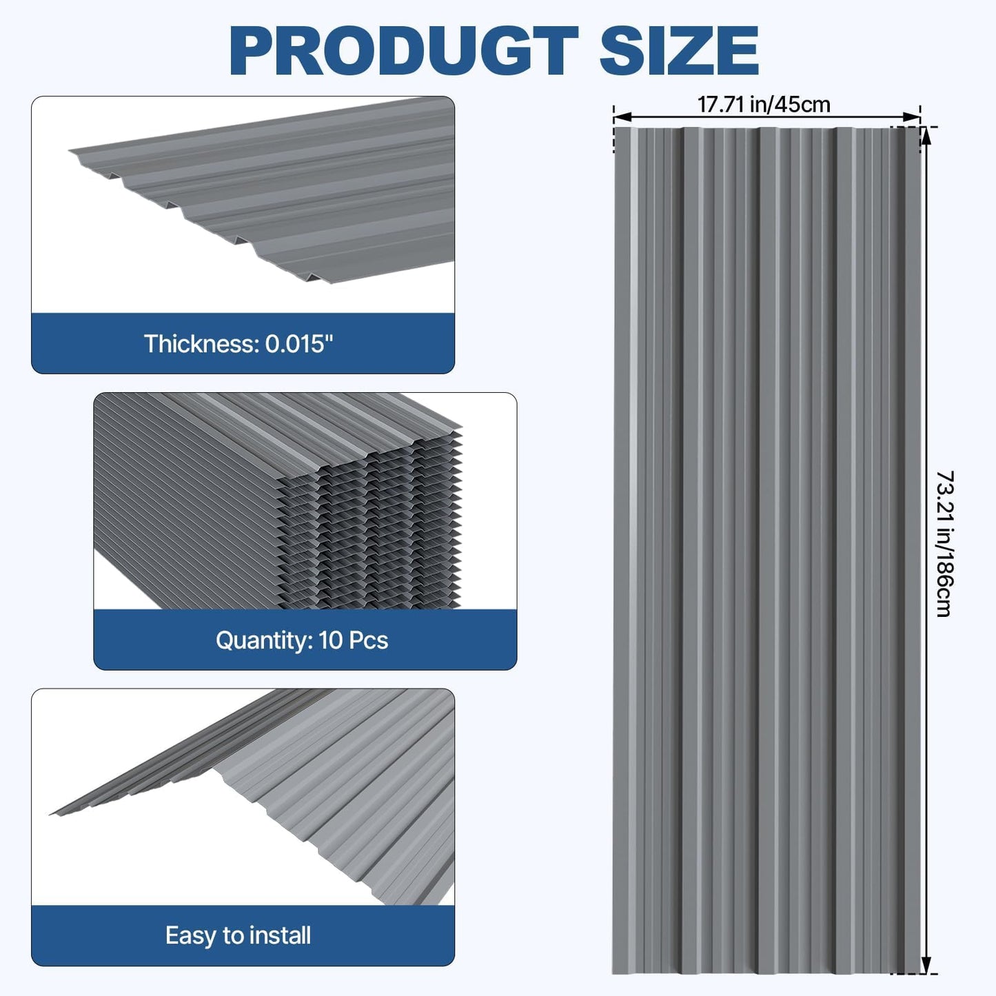 Noliven 10 Pack Corrugated Metal Roofing Panels, 6.1 ft Galvanized Steel Roof Sheets, 17.7 x 73.2 in, Approx. 90 sq.ft Total Panel Area, with Screws, for Sheds, Chicken Coops and Gazebos, Grey