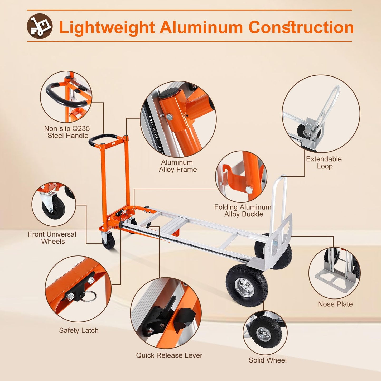 EASYBERG 4-in-1 Heavy Duty Convertible Hand Truck, 770 lbs Capacity Aluminum Folding Hand Truck Dolly Cart with 10" Rubber Wheels, Adjustable for Home, Office, Warehouse, Moving
