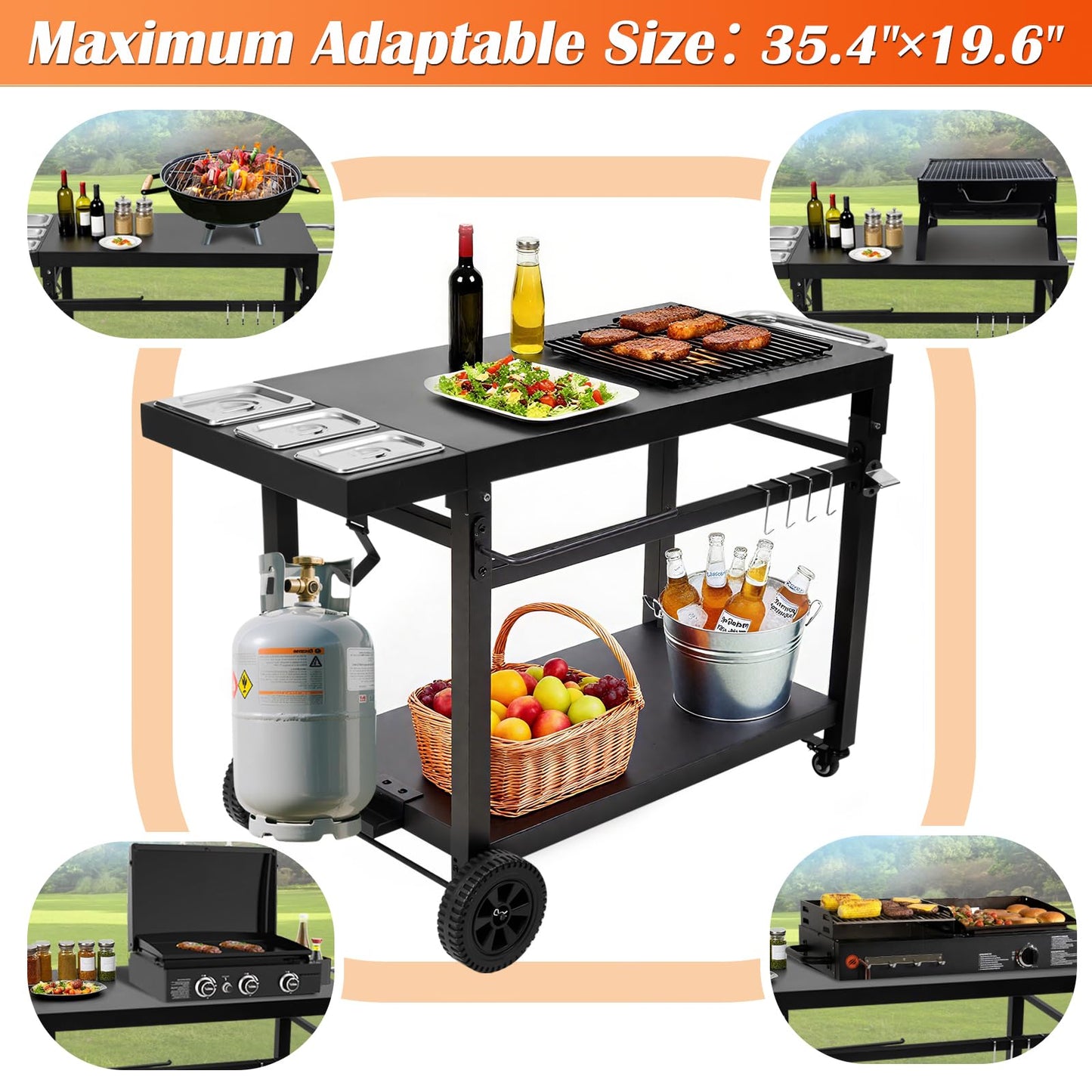 Wanchao Black Cast Iron 2-Shelf Grill Cart with Wheels,Heavy Duty Pizza Oven Stand for Blackstone Ninja,Outdoor Cooking Station with Durable Tabletop