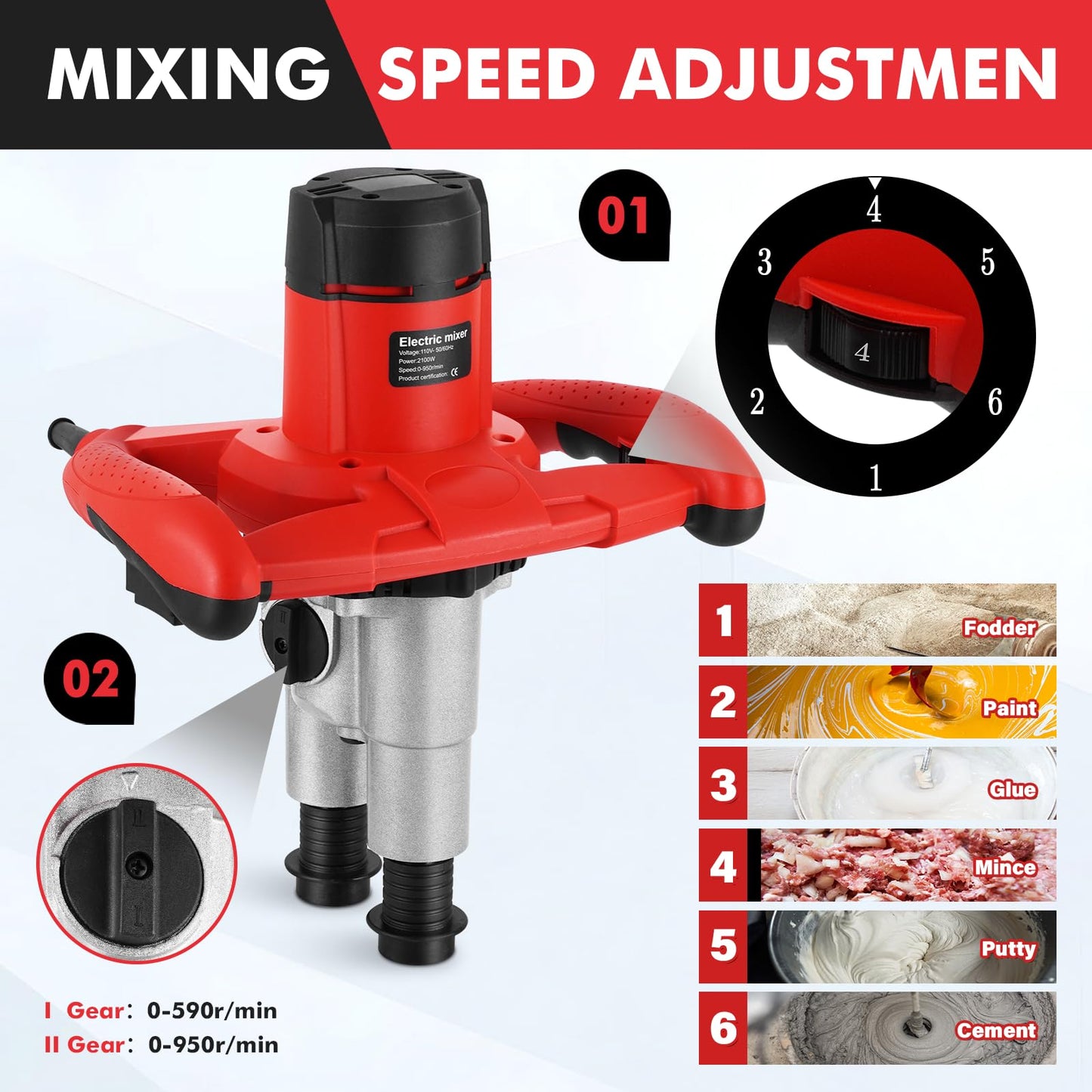 Meticuloso Concrete Mixer 2100W, Upgraded Double Paddle, Portable Cement Mixer with 6 Speed, 950RPM, Handheld Mud Mixer for Mortar, Paint, Grout, Plaster, Thinset, Fodder Stirring Tool