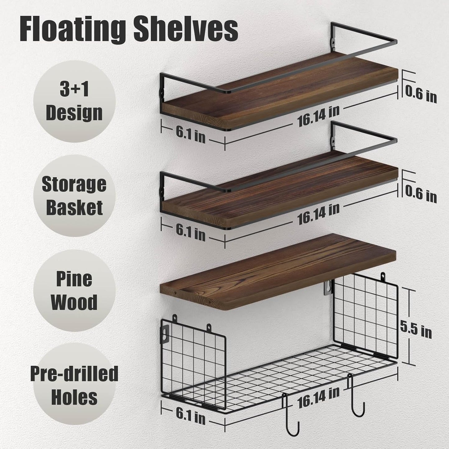 Skiennix 16.1-Inch Wall-Mounted Bathroom Shelves - Over Toilet Storage with Hooks & Basket | Brown