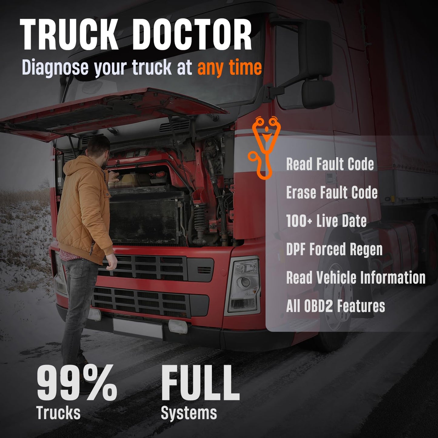 ANCEL HD100 Heavy Duty Truck Scanner with DPF Regen for Cummins & CAT Engines, Bluetooth Diesel Diagnostic Tool with All-System Scan, HDOBD & OBD2 Code Reader for Semi Trucks, Lifetime Free Updates