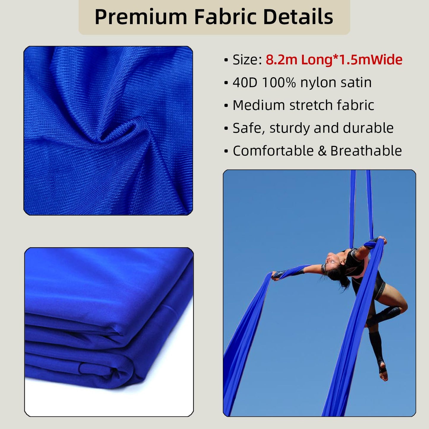 PRIORMAN Aerial Silks Fabric, 9 Yards(8.2mL x 1.5mW) 40D Nylon Medium Stretch Yoga Swing for Acrobatic Flying, Durable Aerial Trapeze for Home, Boost Strength Balance (Fabric Only)