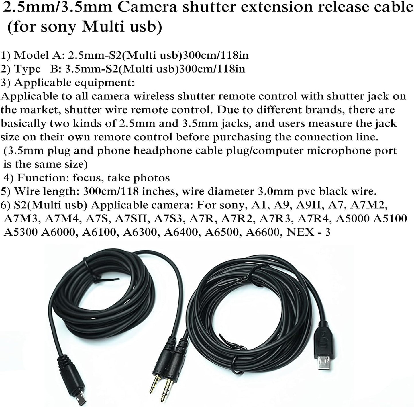 2.5mm-S2 300cm/ 118-inch (2.5mm-S2 118in/3m) Extension Cable Shutter Release Connection Cable (Multi USB) for Sony