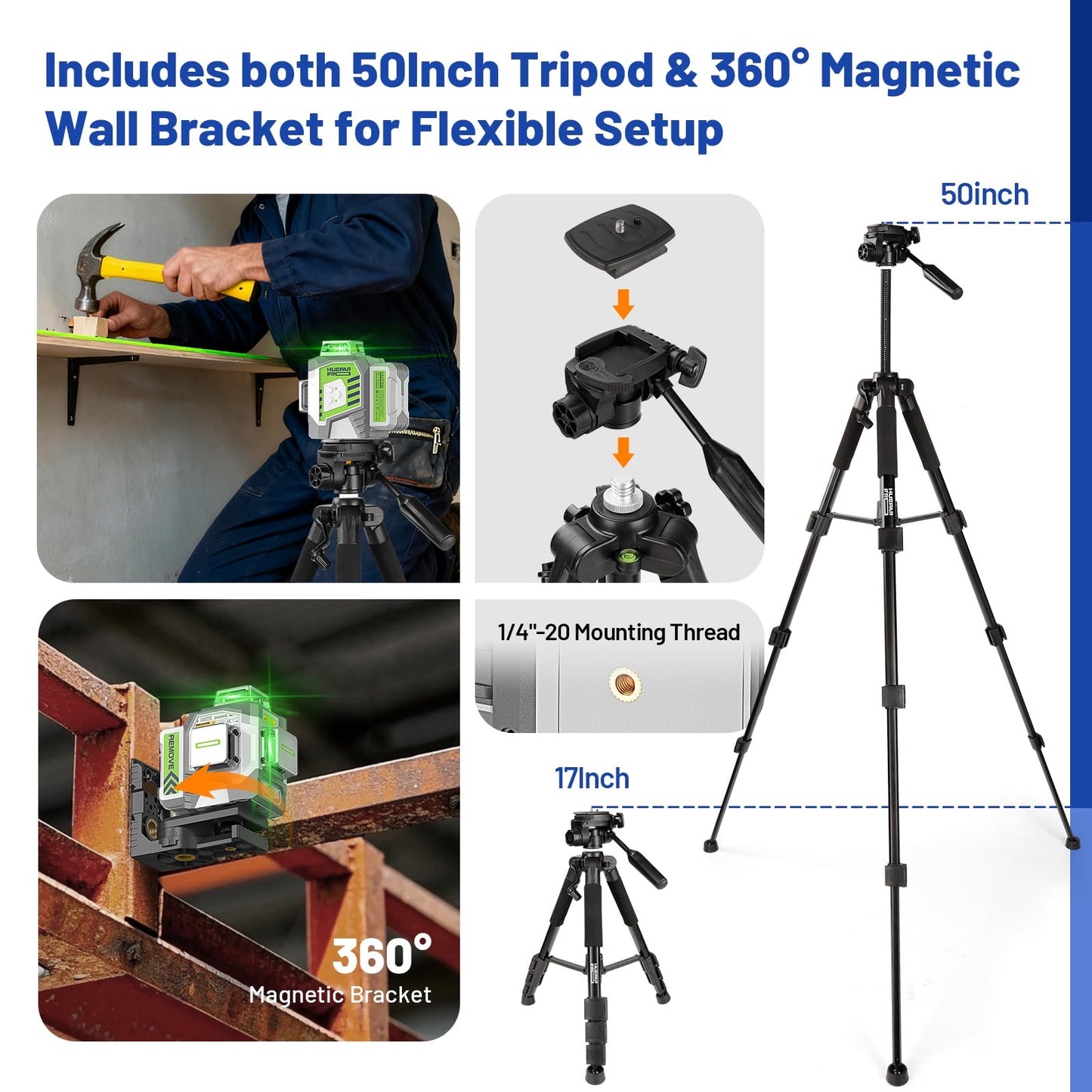 Huepar Pro Laser Level 360 Self Leveling with 50inch Tripod, 3 x 360° High Brightness Green Laser Leveler Tool for Construction, Tile and Picture Hanging, Rechargeable Battery & Magnetic Bracket