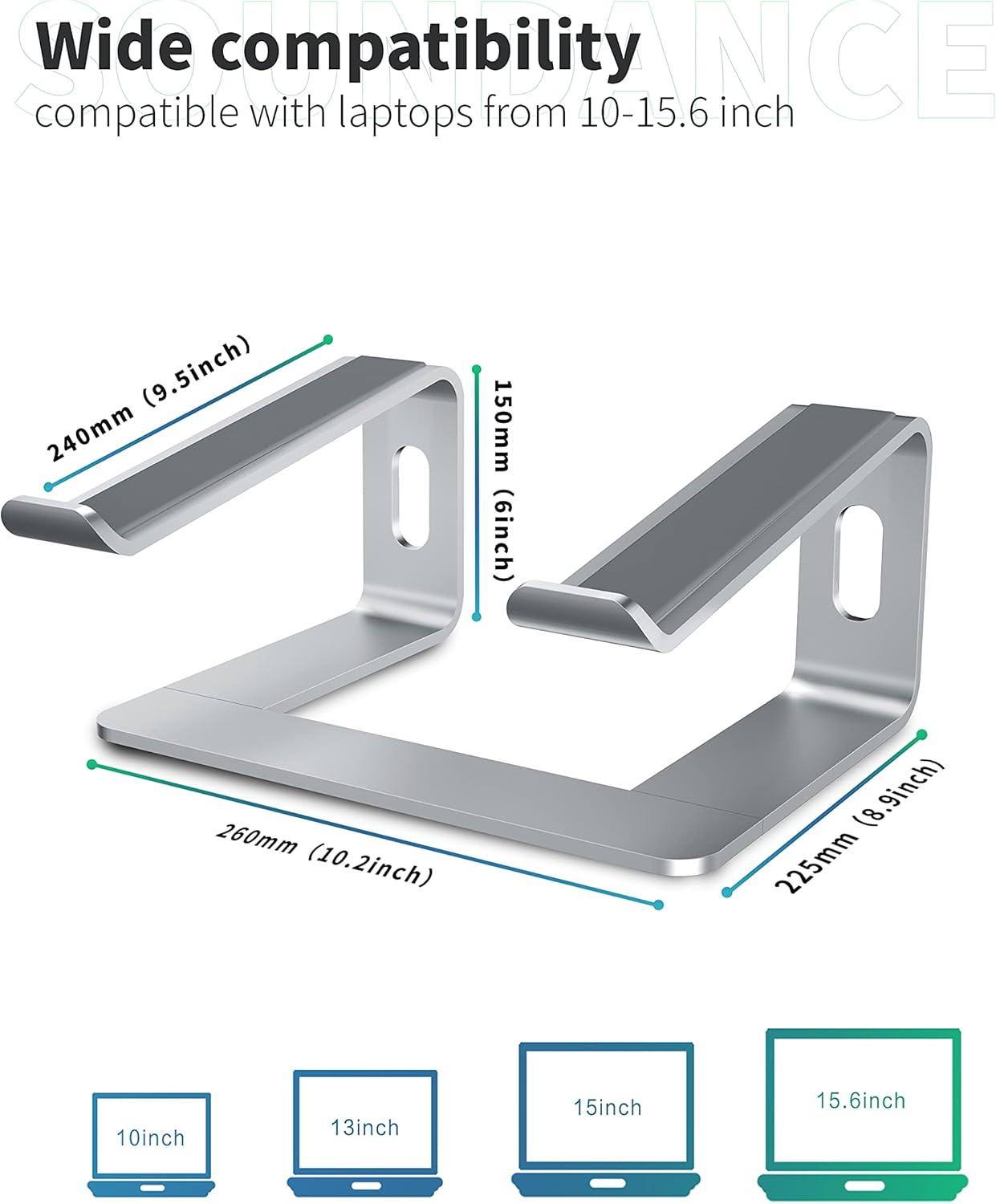SOUNDANCE 10 15.6 Inches Laptop Stand, Aluminum Computer Riser, Ergonomic Laptops Elevator for Desk, Metal Holder