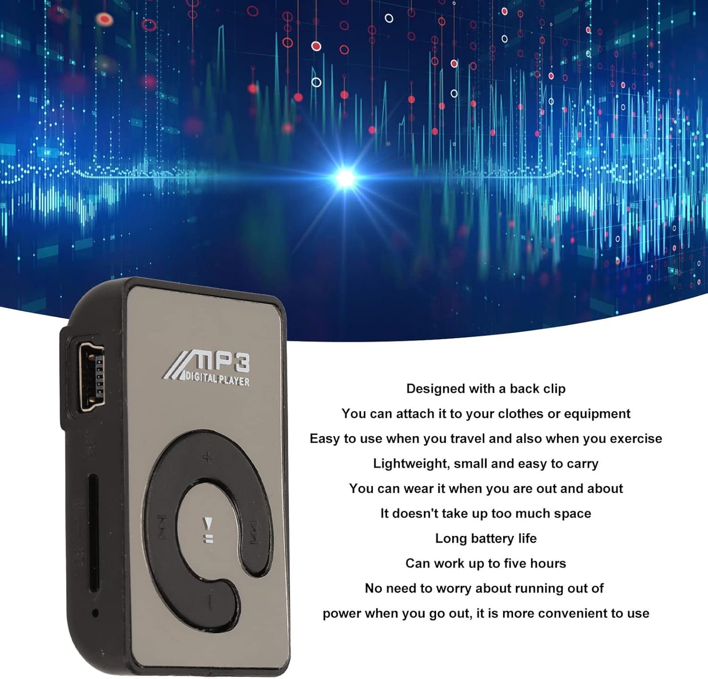 MP3 Player, Mini Music Player with Memory Card Slot, Portable HiFi Music Player, Back Clip Design, Lightweight, Ideal