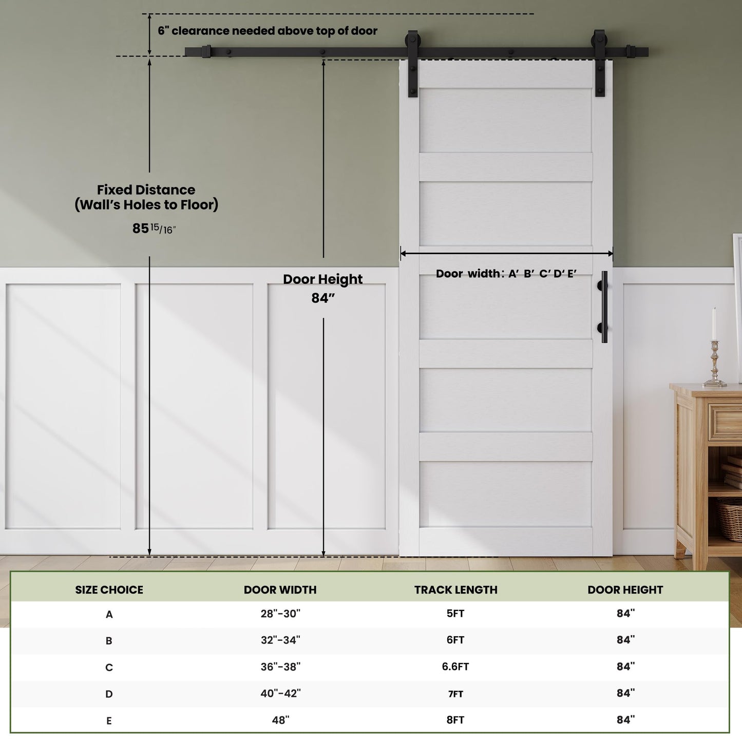 SmartStandard 36in x 84in Sliding Barn Door with 6.6FT Barn Door Hardware Track Kit & Handle, Waterproof PVC Surface, Pre-Drilled Holes Easy to Assemble, Solid, MDF, White, 5-Panel