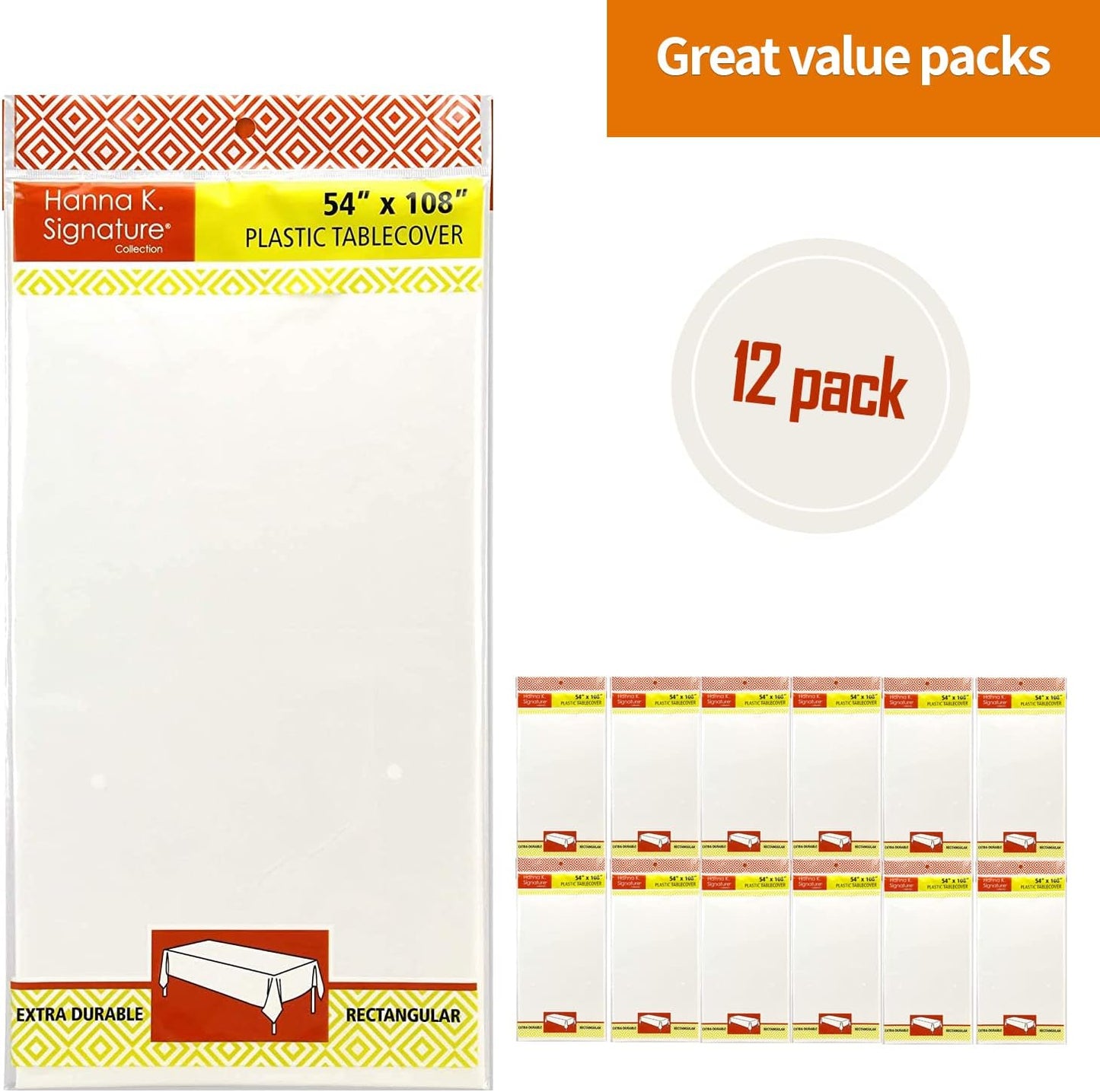 Party Dimensions White Disposable Plastic Tablecloths - 12 Pack for Rectangle Tables | 54 x 108 Inches, Perfect for Events & Weddings