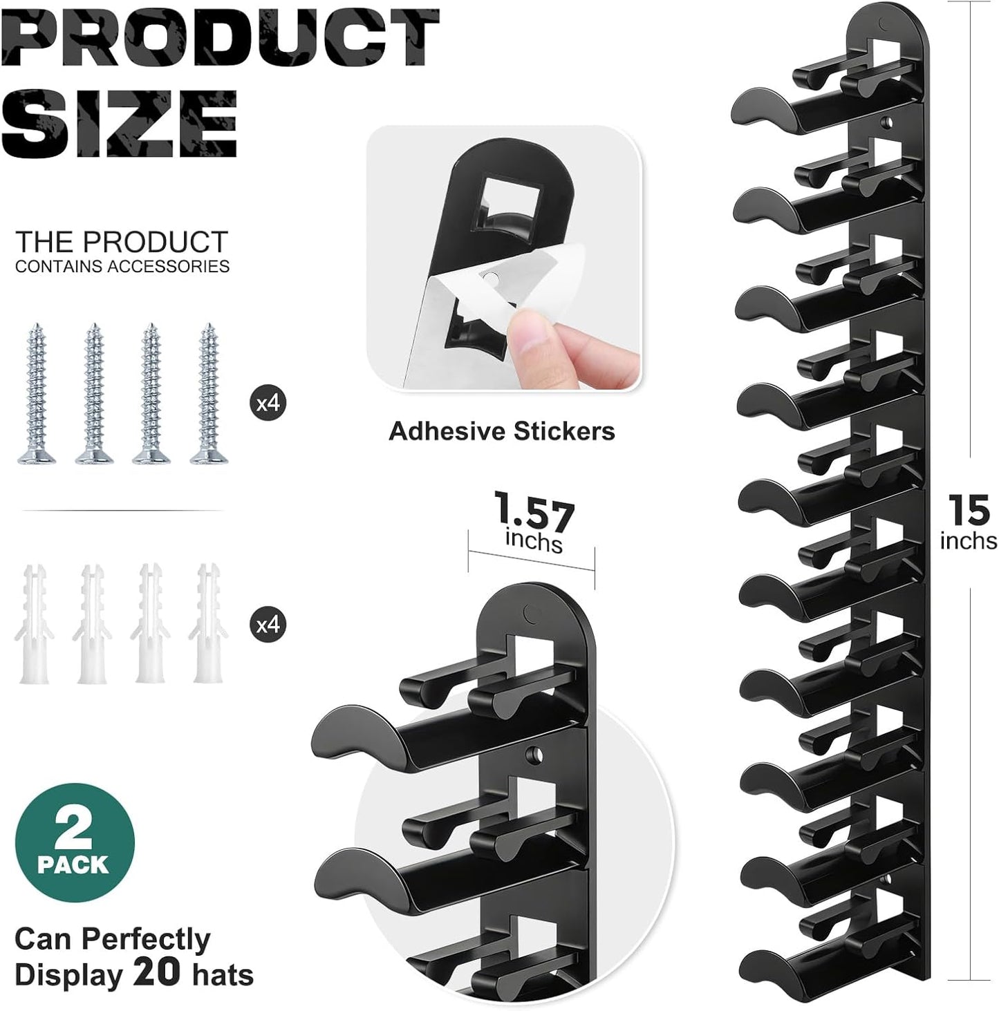 Skiennix Hat Hook Organizer - Holds Up to 20 Hats | Strong Adhesive & 8 Screws Included - Black
