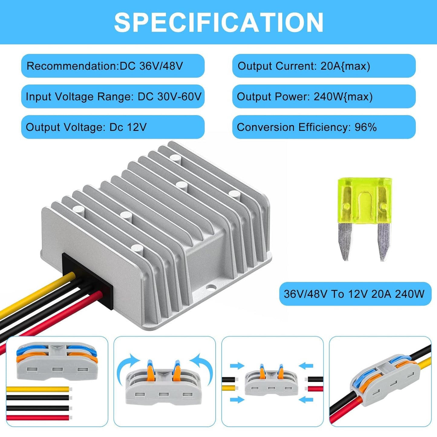 SUPERNIGHT 48V 36V 12V 240W 20A 12V to Voltage Converter Regulator Step Down to DC- DC Convert Reducer with Fuse