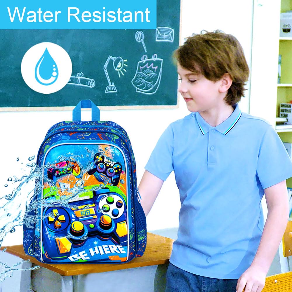 ZLYERT 16" Gamer Backpack for Boy, 3Pcs Gaming Kids Bookbag for Elementary Preschool Kindergarten, School Backpacks with Lunch Box(Blue)