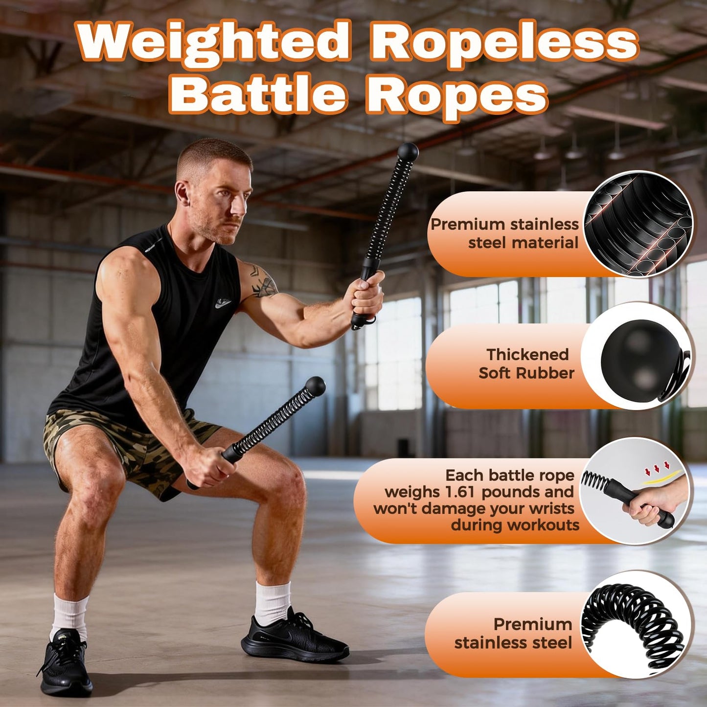 Hqyib Cordless Battle Rope, Weighted Ropeless Battle Ropes for Home Gym. Battle Ropes Suitable for Strength Training, HIIT, and Joint-Friendly Cardio Exercises, Fitness Levels.（Black）