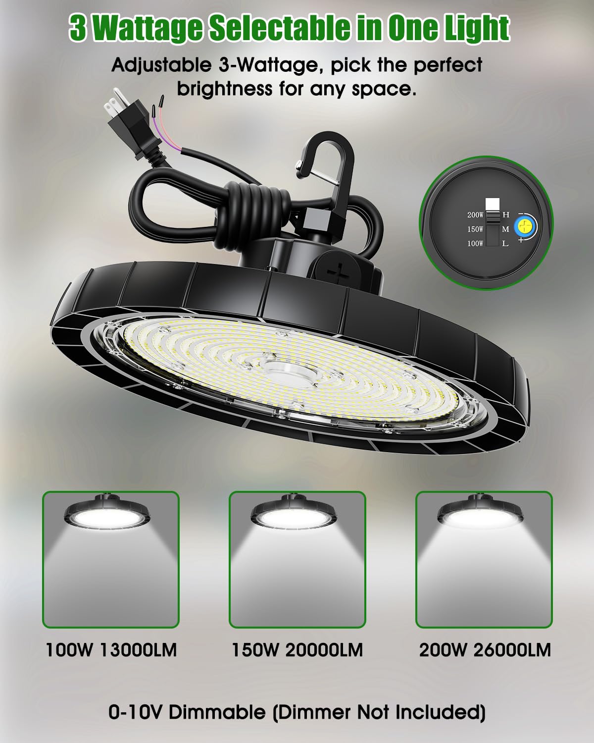 Probapro 200W UFO LED High Bay Lights - High Bay LED Shop Light 0-10V Dimmable, AC100-277V, 6500K Daylight, 26,000LM, 5Ft Cable, Plug and Play Commercial Lighting for Warehouse Factory Barn (6 Pack)