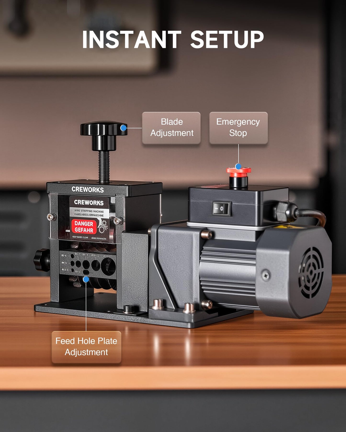 CREWORKS Automatic Wire Stripper Machine, 8 Channel Electric Wire Stripping Machine for 0.06 to 0.67 in. Copper Wires, Electric Cable Stripper Machine with 5 Blades and All-Copper Motor for Recycling