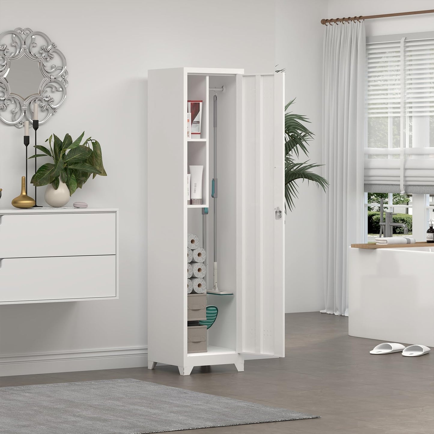 STEELIST Slim Broom Storage Cabinets, Metal Cabinet with Shelves and Hanging Rod, 15.75" W Utility Storage Cabinet with Locking Door, Slim Cabinet for Small Spaces, Kitchen, Pantry, Office, Shop
