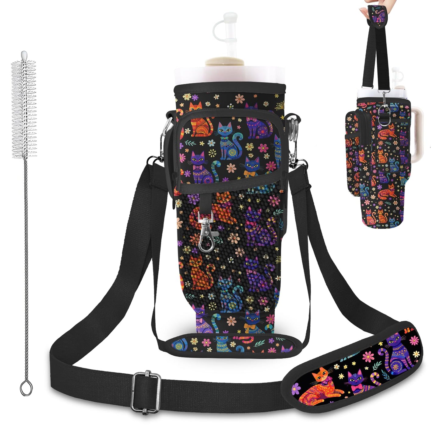 WOHAXAHOW Cat Stanley Water Bottle Bag with Adsjust Strap for 30/40 Oz Tumbler, Water Bottle Carrier with 3 Pockets, Cleaning Brush & Straw Cover, Stanley Cup Carrier Bag for Walking, Gym, Yoga