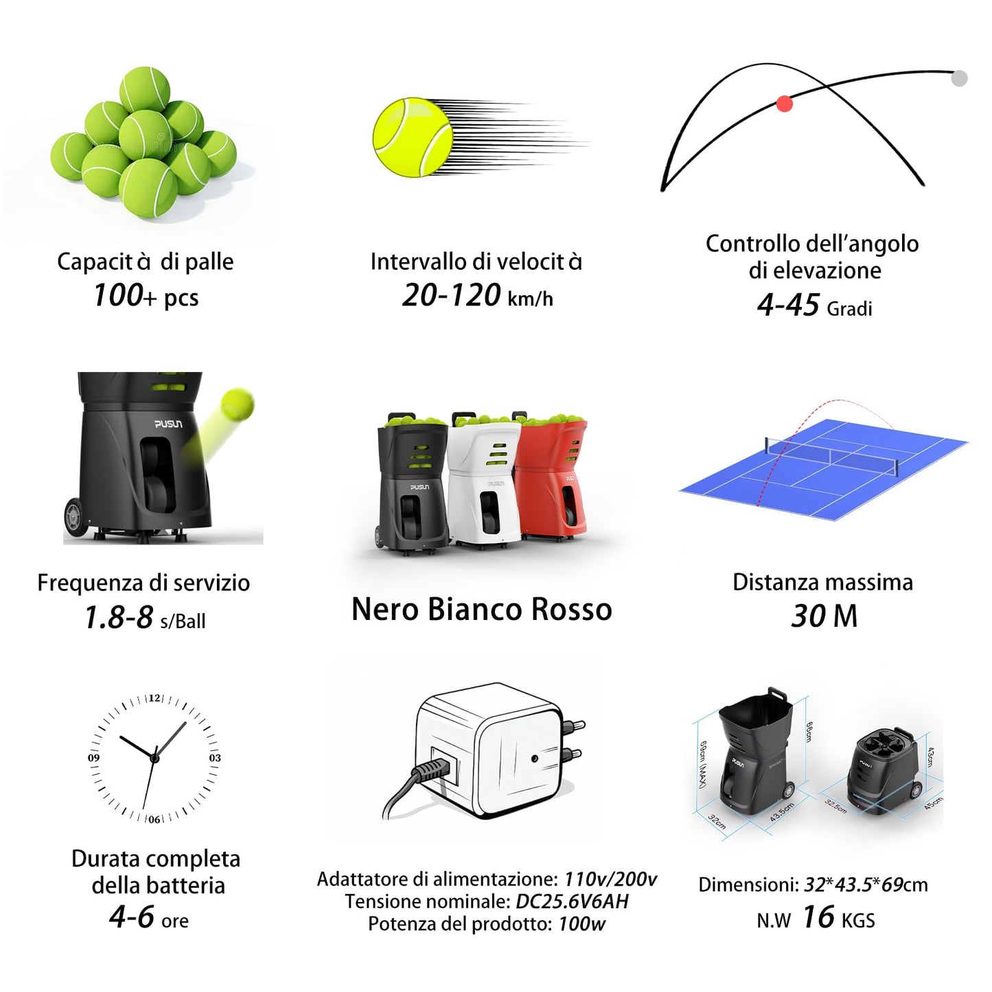PUSUN Smart Tennis Ball Machine PT-Smart - APP Controlled Auto Feed, 12 Training Modes, 100 Ball Capacity, 4-6Hr Battery Life, Suitable for All Level Players(White)