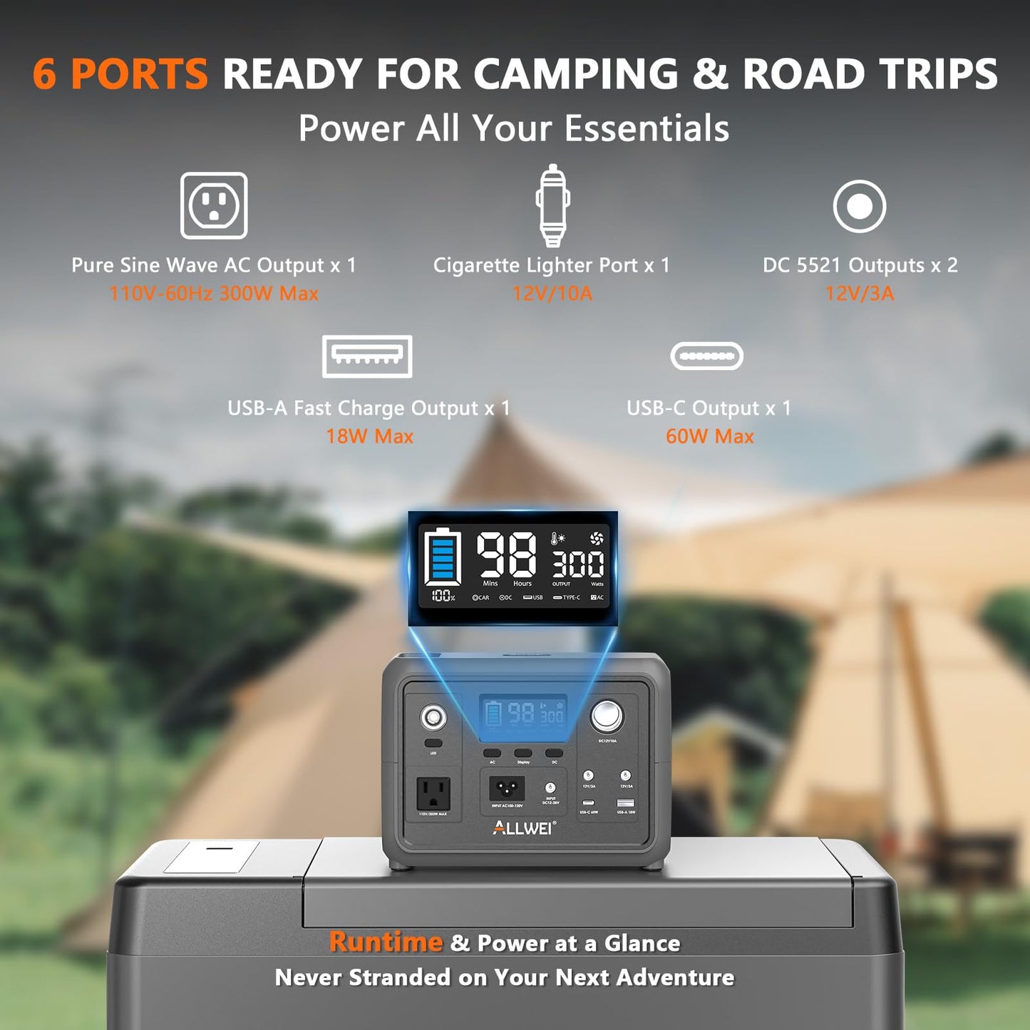 ALLWEI Portable Power Station 300W, 256Wh Solar Generator with 110V Pure Sine Wave AC Outlet,6 Output Ports,Backup LiFePO4 Battery Generator for Camping Outdoor Emergency Home (Solar Panel Optional)