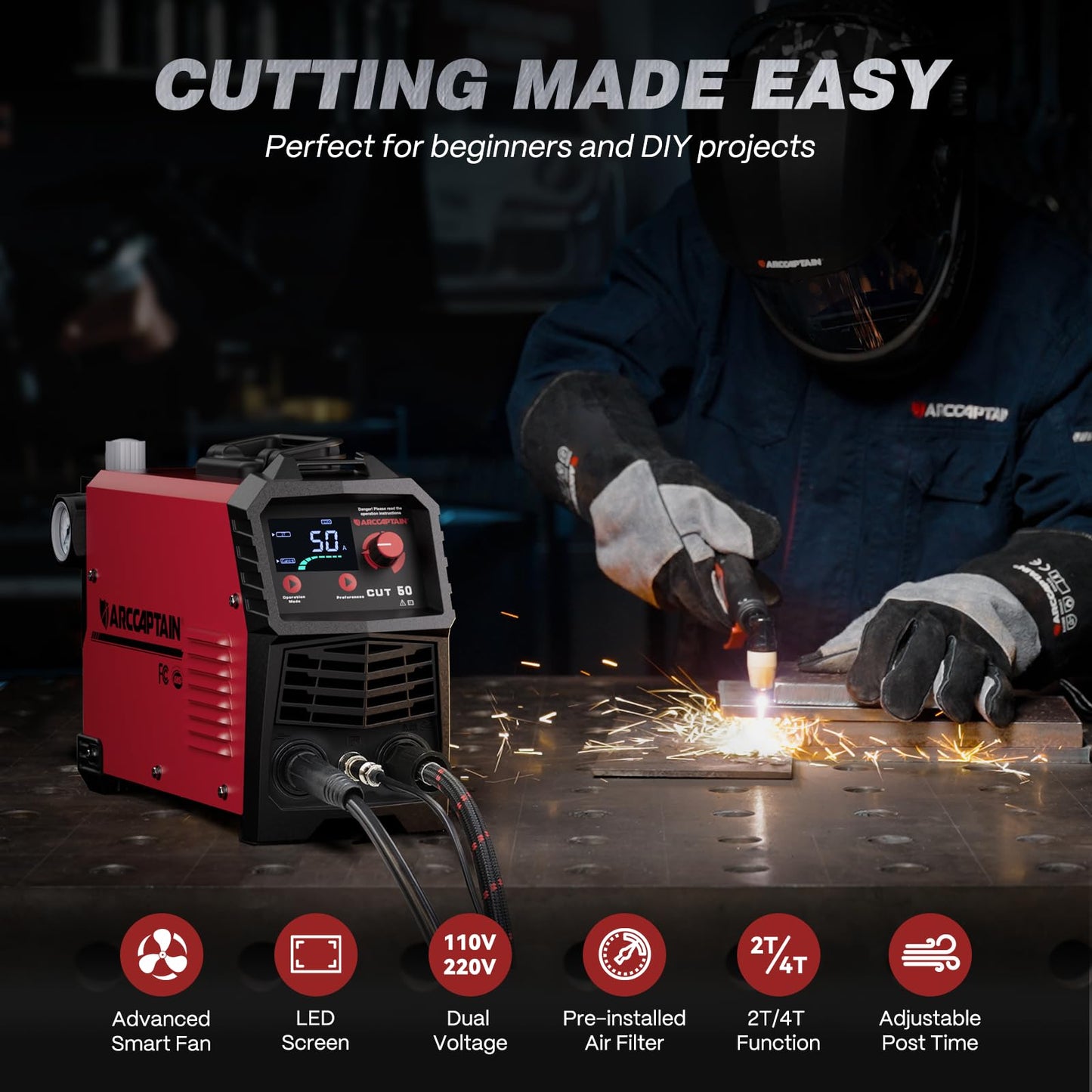 ARCCAPTAIN Plasma Cutter, [Large LED Display] 50Amps Cutter Machine with 110/220V Dual Voltage DC Inverter IGBT 1/2 Inch Clean Cut Post Flow and 2T/4T, for Beginners DIY