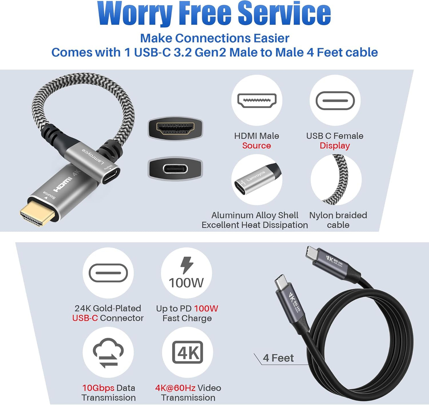 Lamroyce 3.1 1 4Feet, 4K@60Hz,PD 100W HDMI to USB-C Cable Adapter with USB Video Cable, Uni-Directional HDMI Male